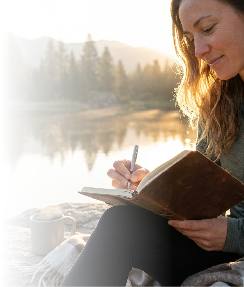 Woman journaling by a lake