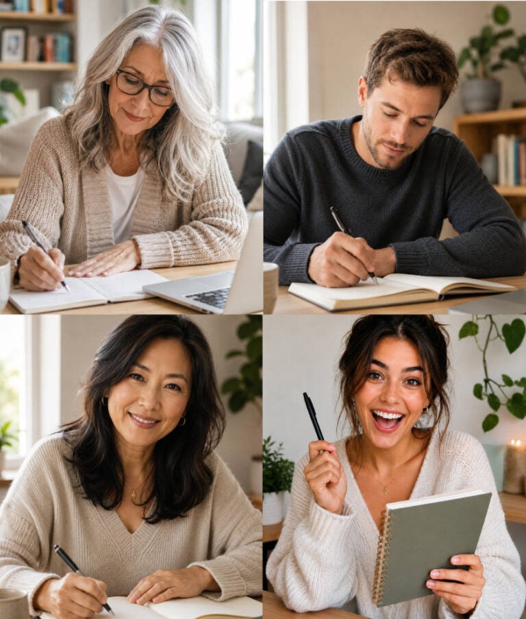 Four IAJW journaling community members writing in their journals together