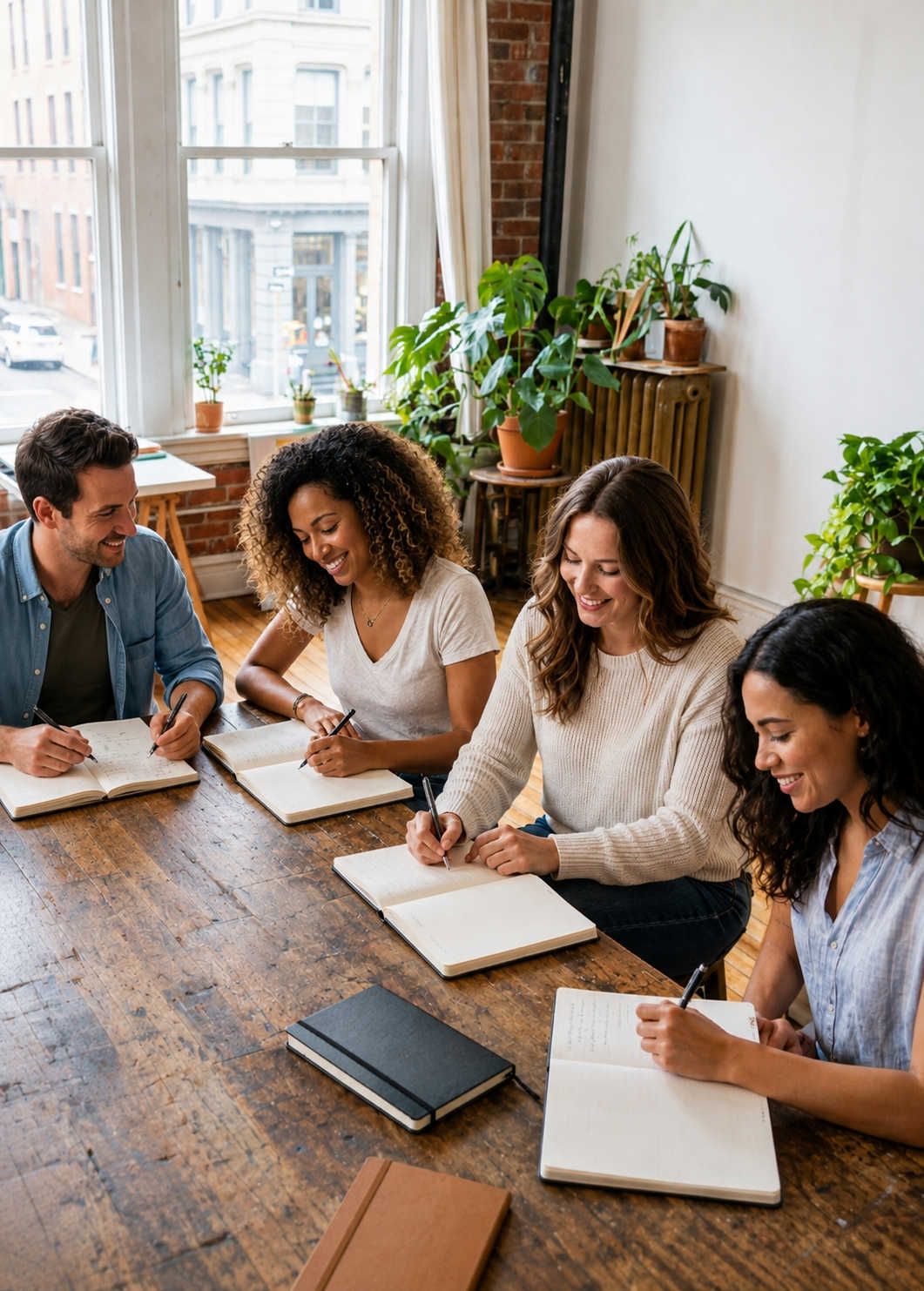 Journal Writers gathered round a table